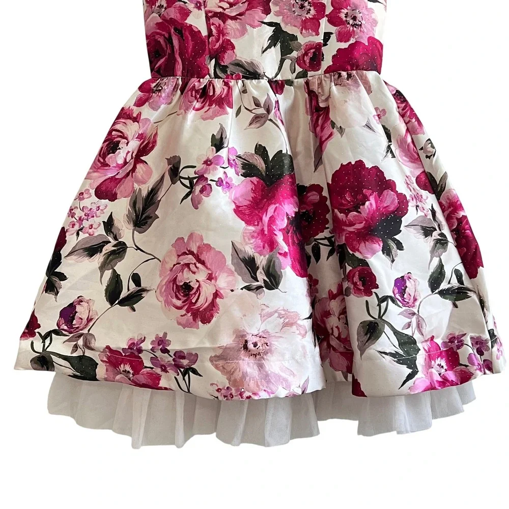 Rare Editions Girls Size 7 Floral Party Dress White Rose Print Tulle Wedding EUC